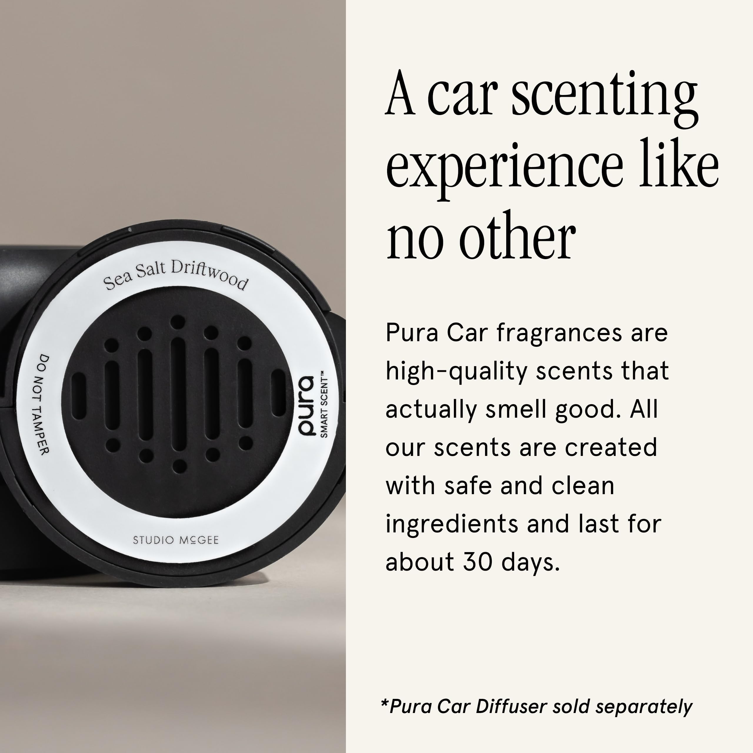 Pura Sea Salt Driftwood cartridge installed in car vent showing continuous freshness
