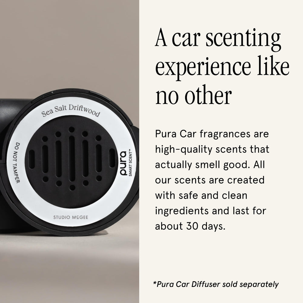 Pura Sea Salt Driftwood cartridge installed in car vent showing continuous freshness