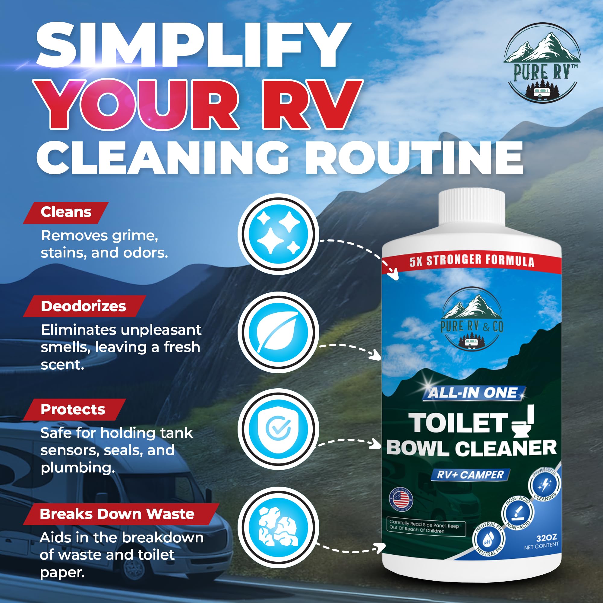Pure RV pouring cleaner close-up showing fast action