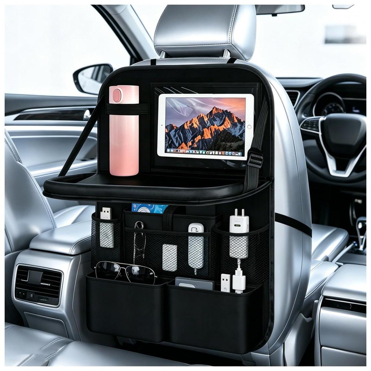 Purthog front view showing full organizer and pockets for tidy storage
