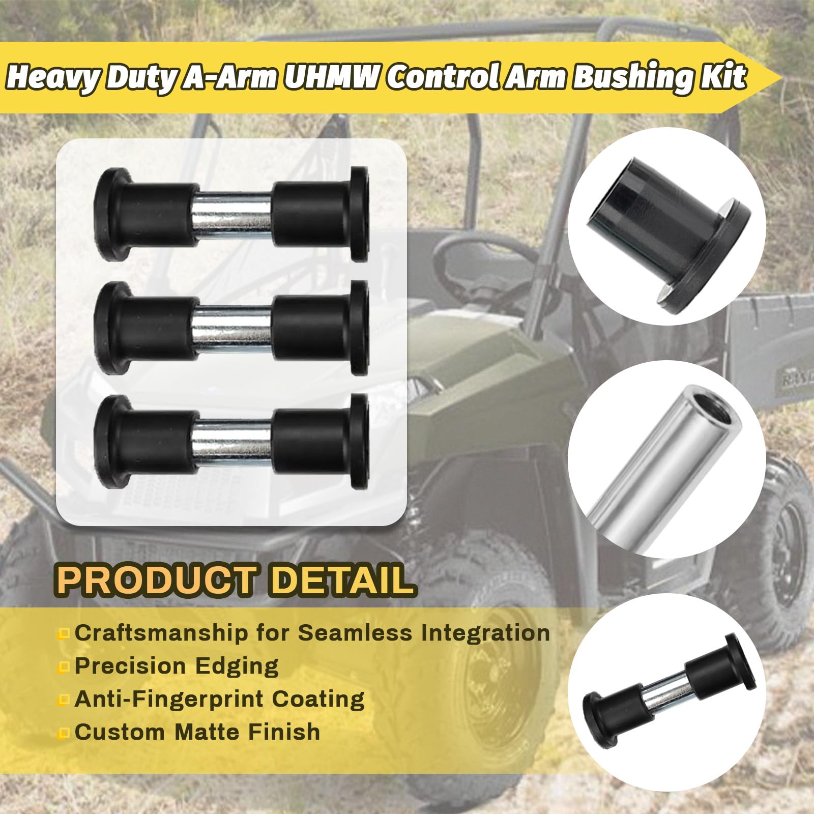 Qagea installed bushing on Polaris Ranger A-arm illustrating improved suspension movement