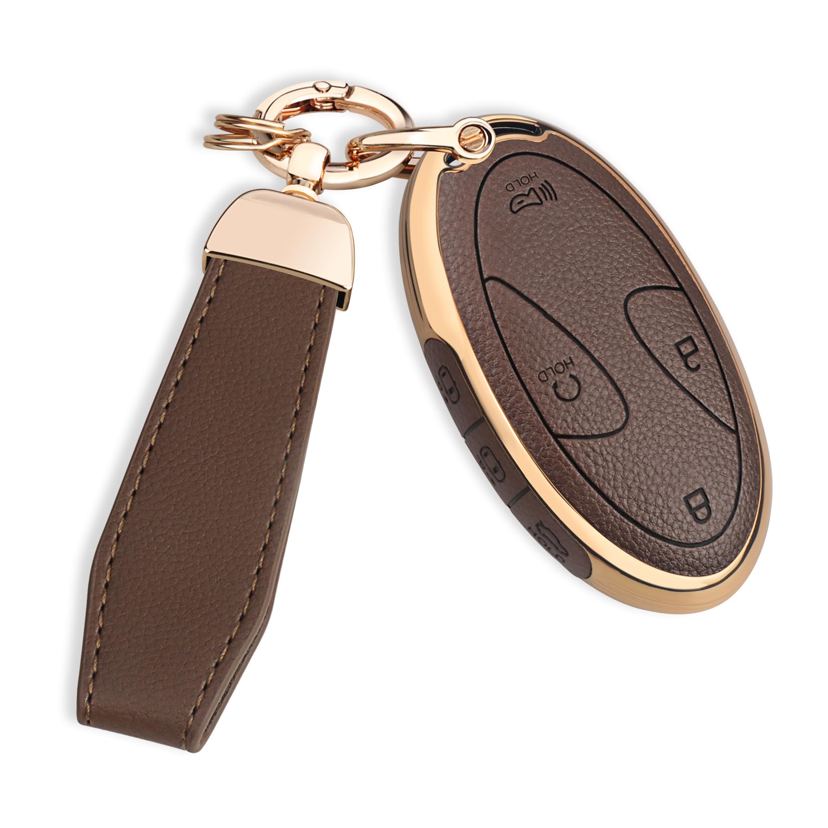 QBUC front view showing brown leather cover and button access for protection