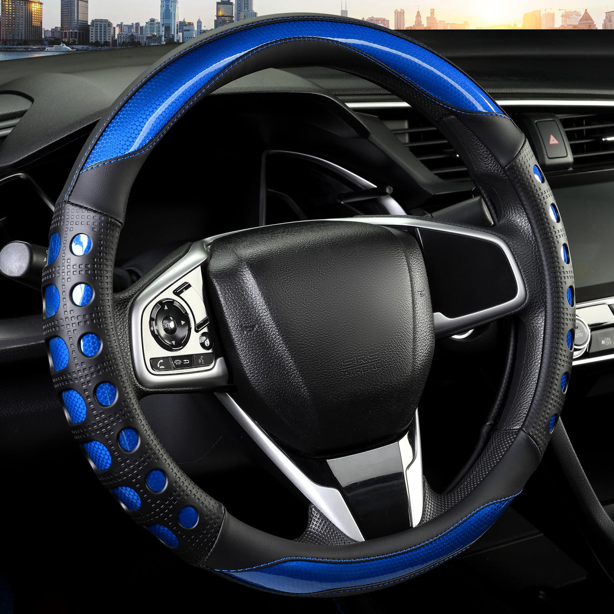 QCYP blue steering wheel cover front view showing sporty design and fit benefit