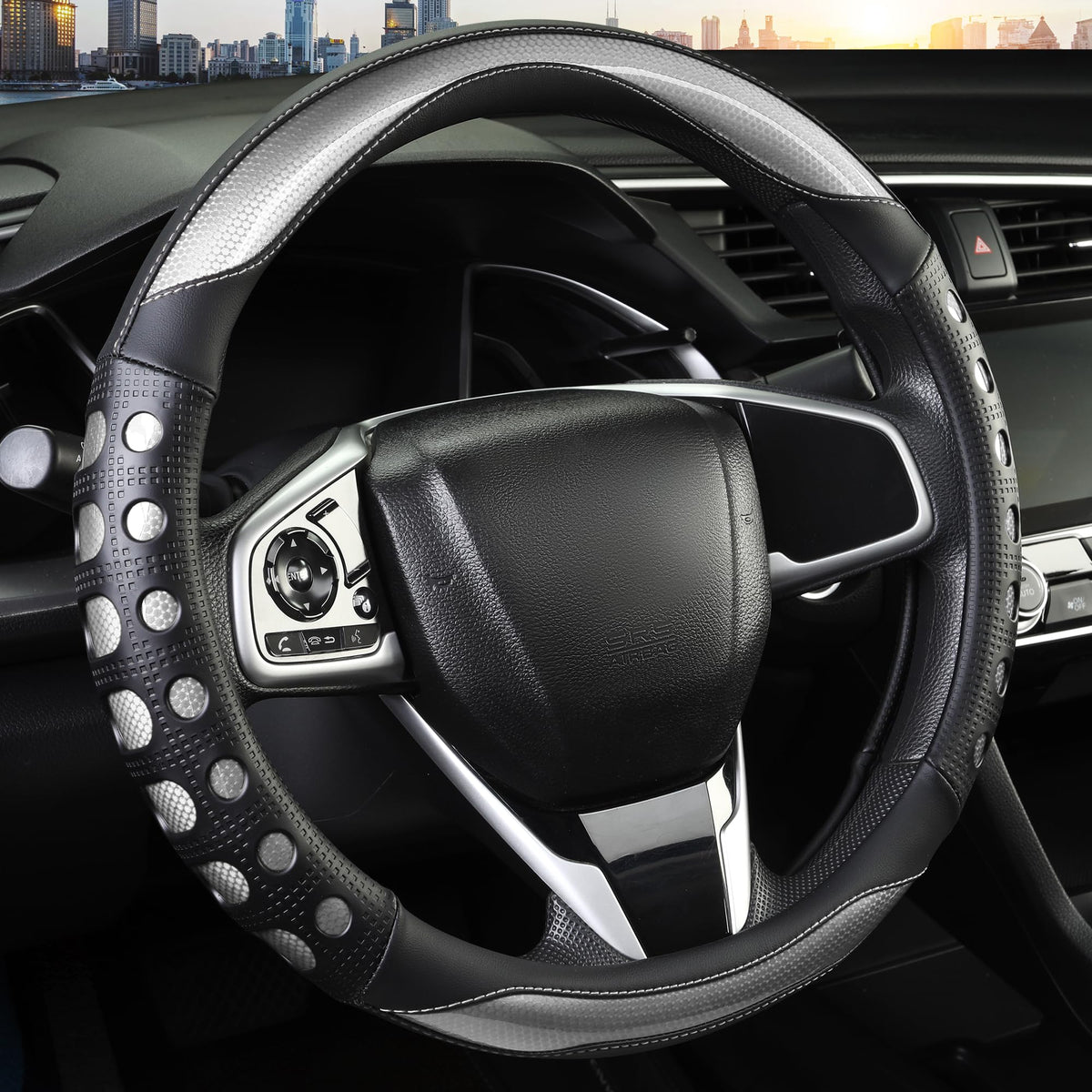 QCYP front view steering wheel cover gray shows protective fit and refreshed interior