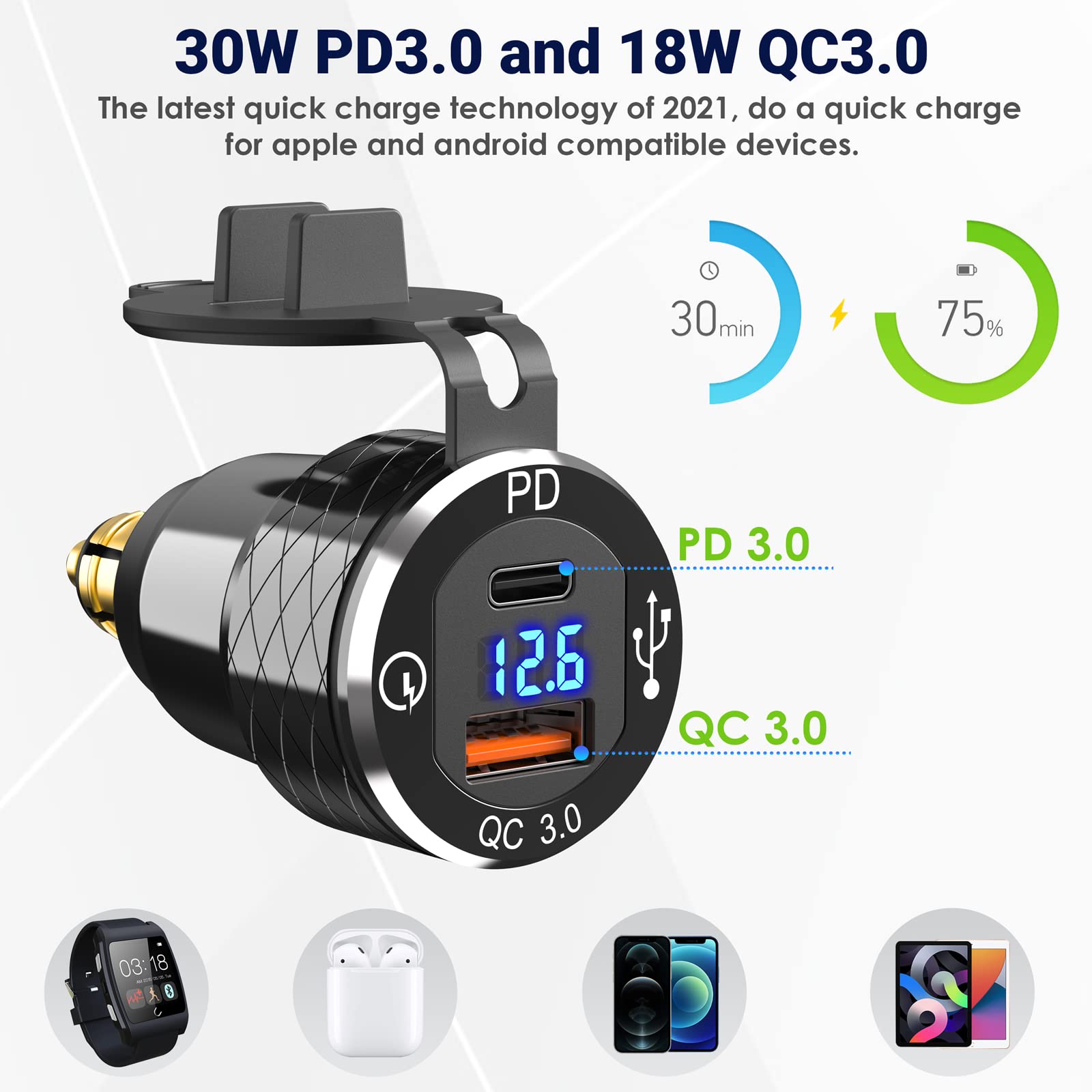 Qidoe digital voltmeter display lit showing battery voltage for quick checks