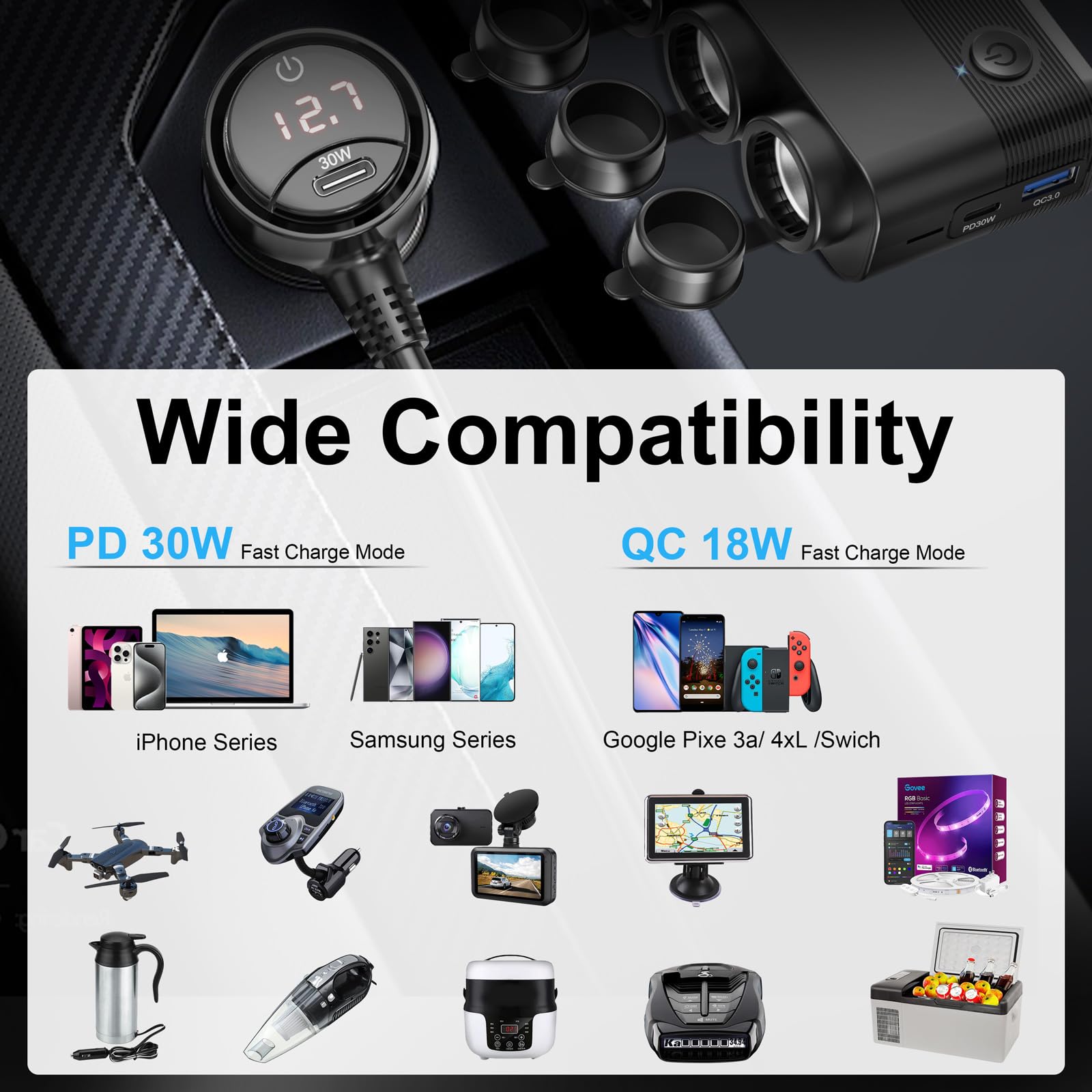 Qidoe four cigarette lighter sockets powering multiple car accessories simultaneously