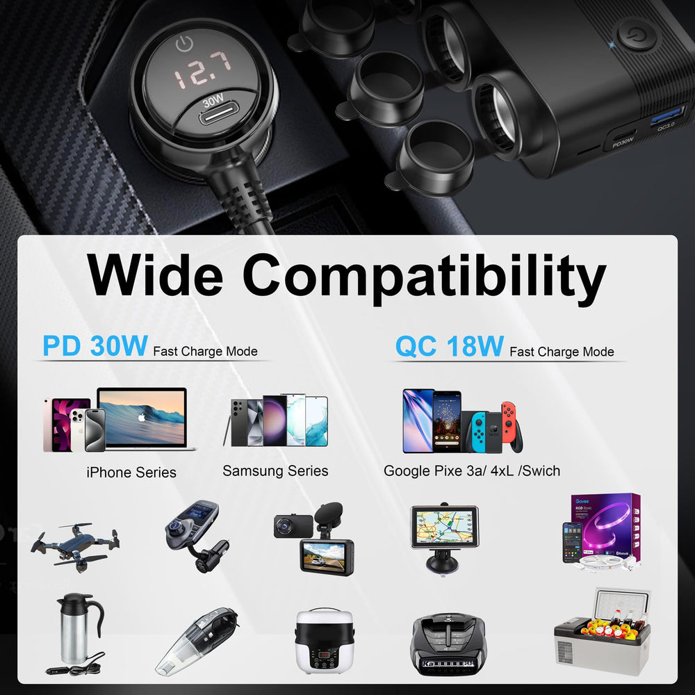 Qidoe four cigarette lighter sockets powering multiple car accessories simultaneously