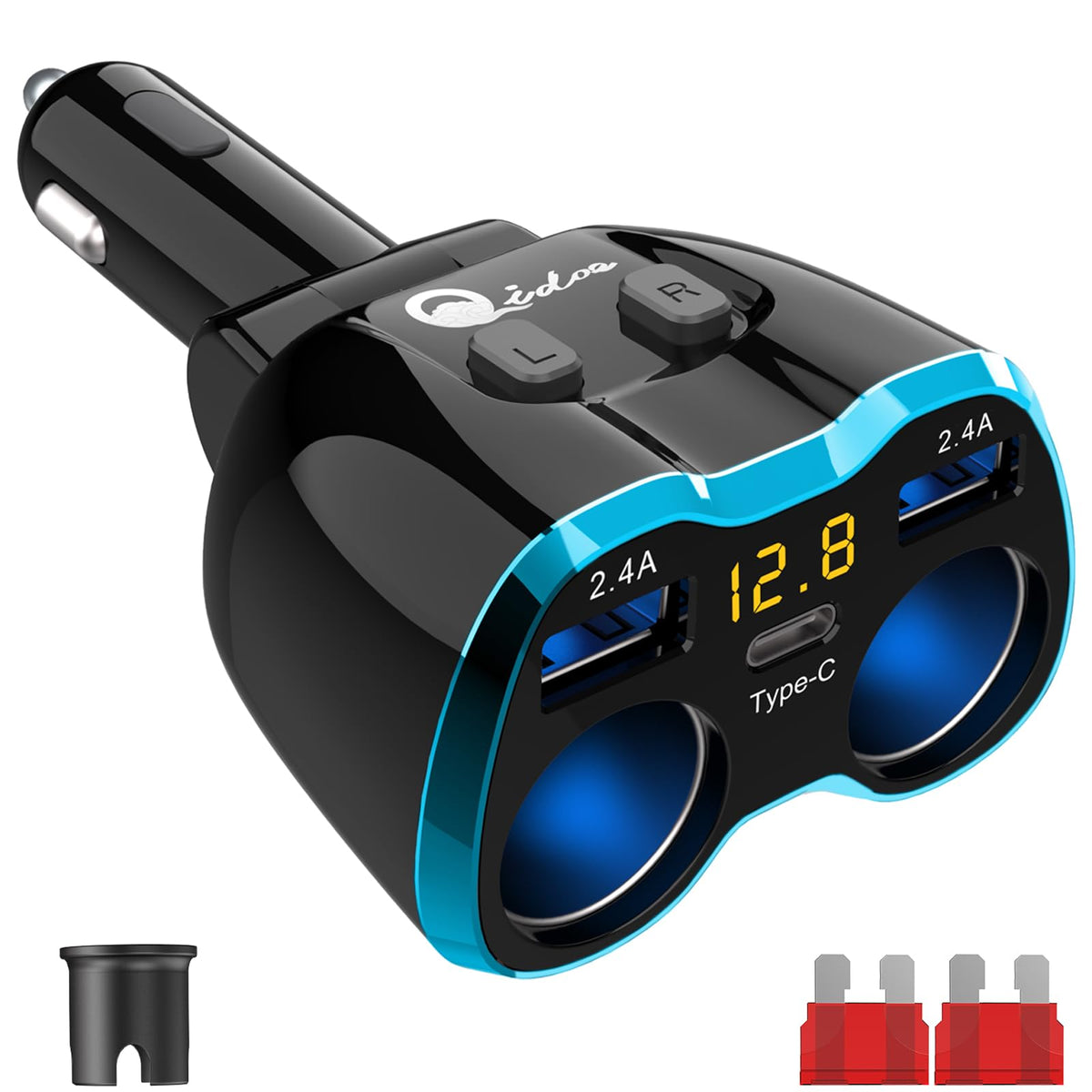 Qidoe front angle showing LED voltmeter and neat multi-outlet capability