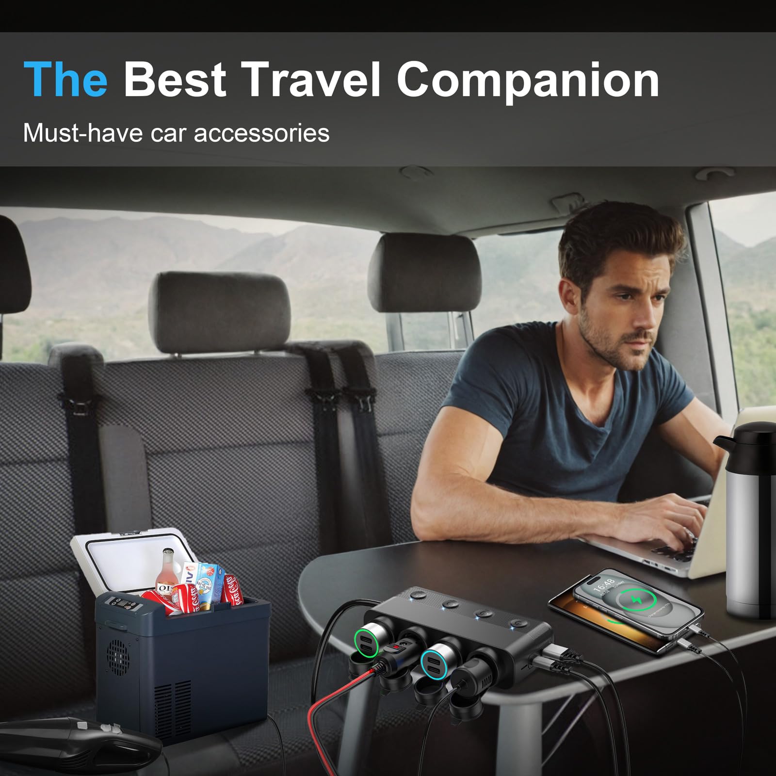 Qidoe lifestyle image with devices charging on a road trip for convenient power
