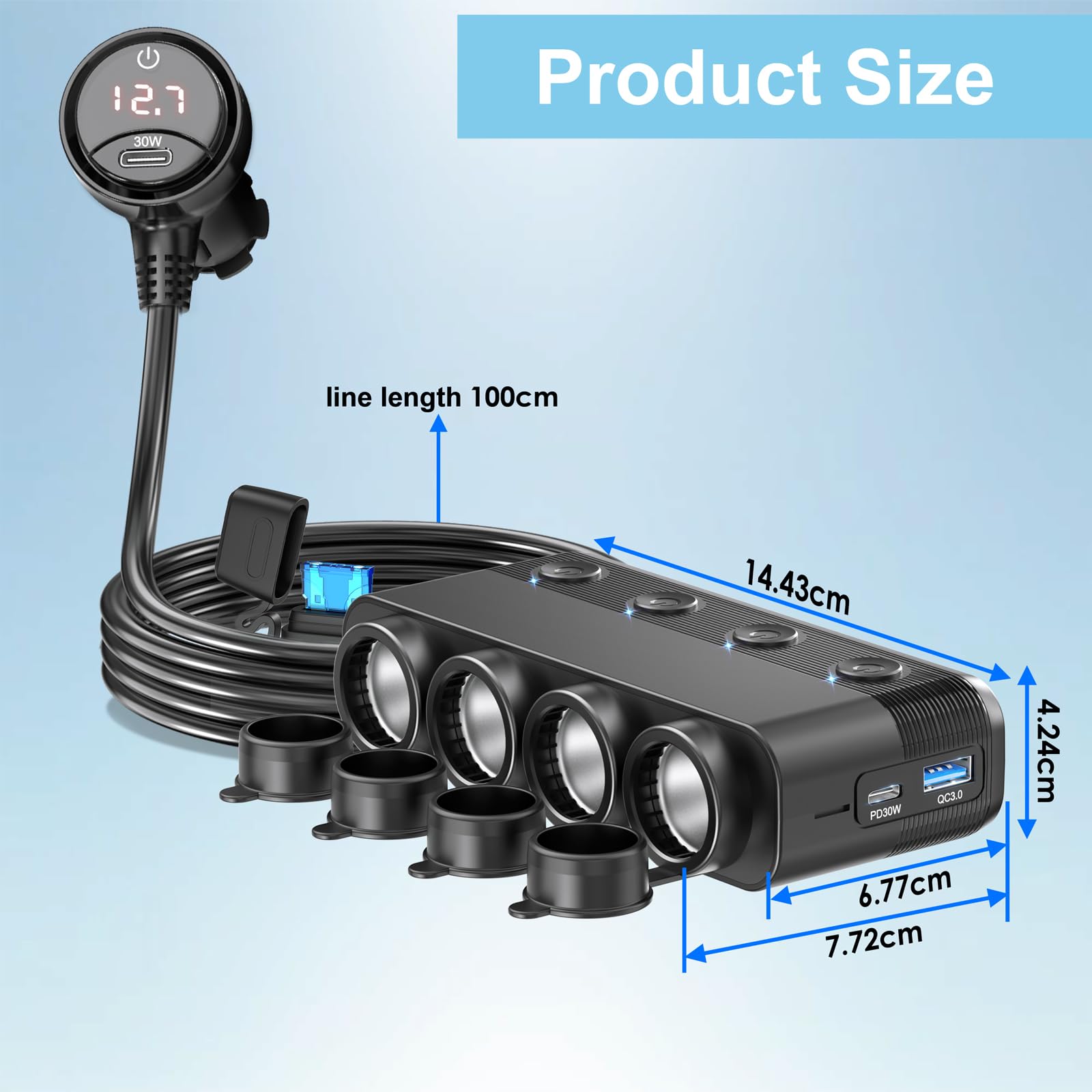 Qidoe package contents showing splitter, velcro straps, plug, and spare fuse