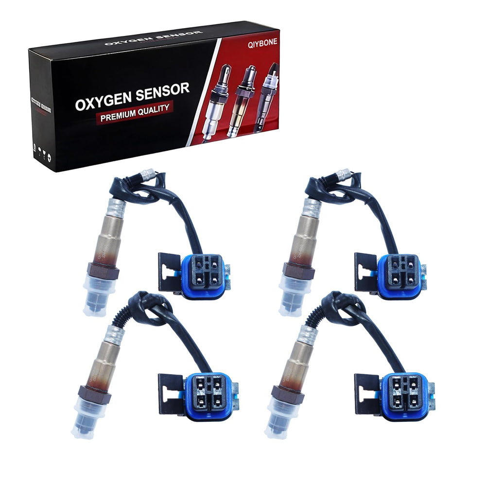 QIYBONE front view of 4-piece O2 sensor kit showing complete set and benefits