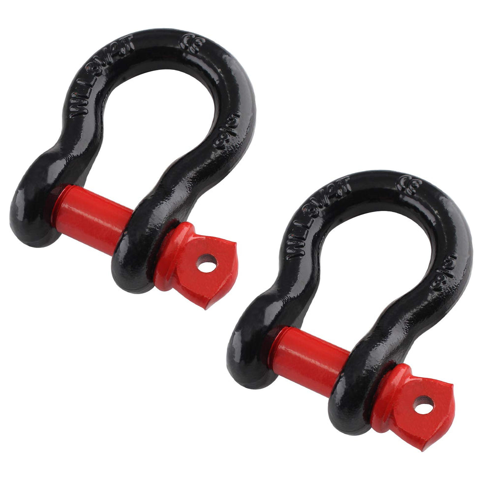Qjaiune front view of two D ring shackles showing sturdy build and clear labeling for quick identification