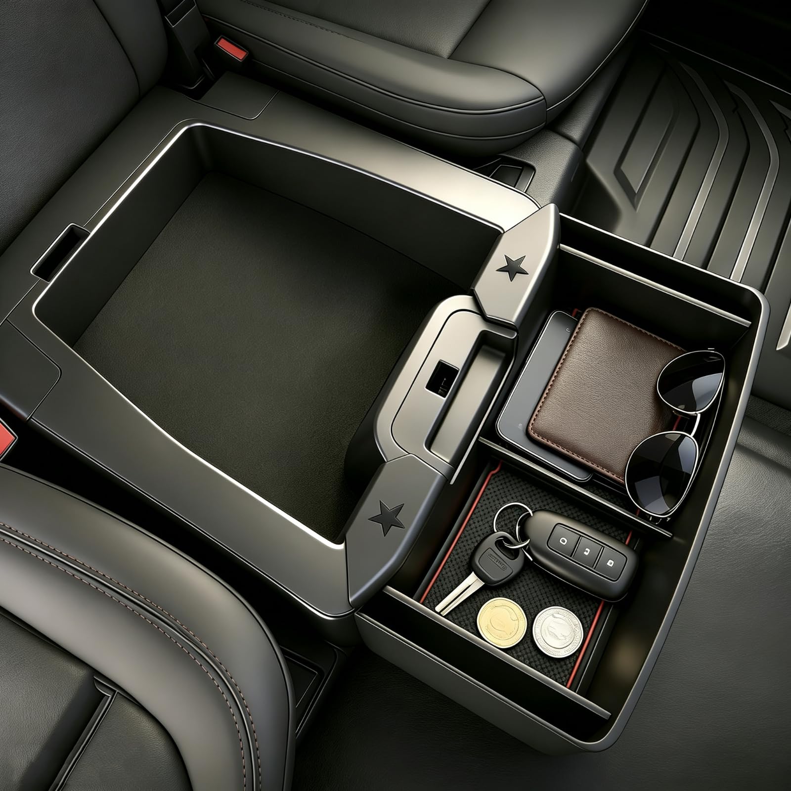 Qlhshop front view of installed console organizer showing extra accessible storage