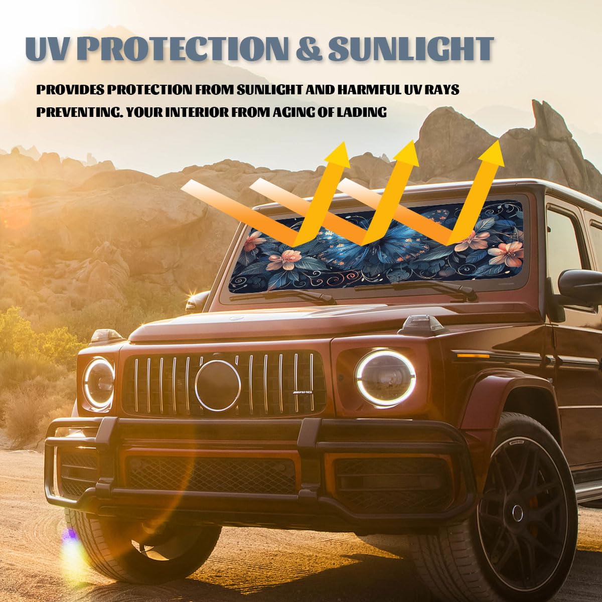 Qoueucc sunshade installed in sedan windshield showing full coverage benefit