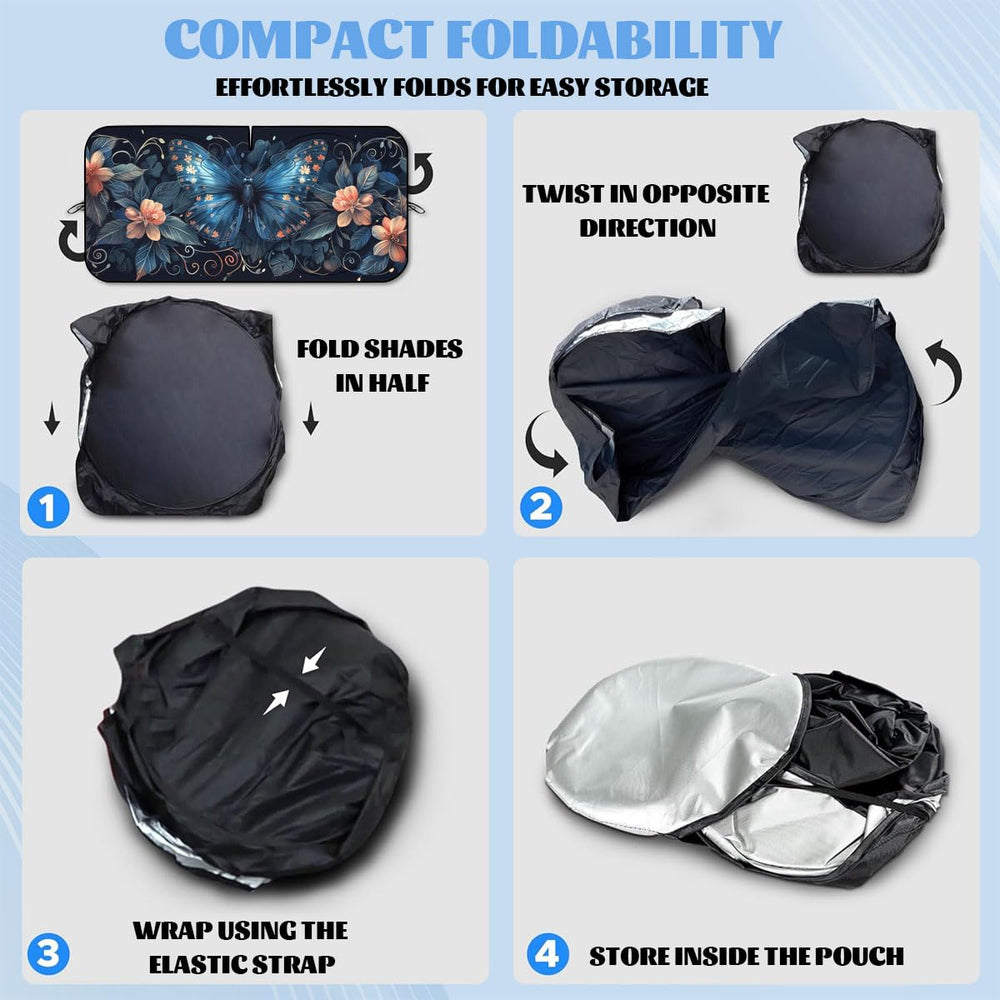 Qoueucc sunshade in parked car outdoors showing cooling interior benefit