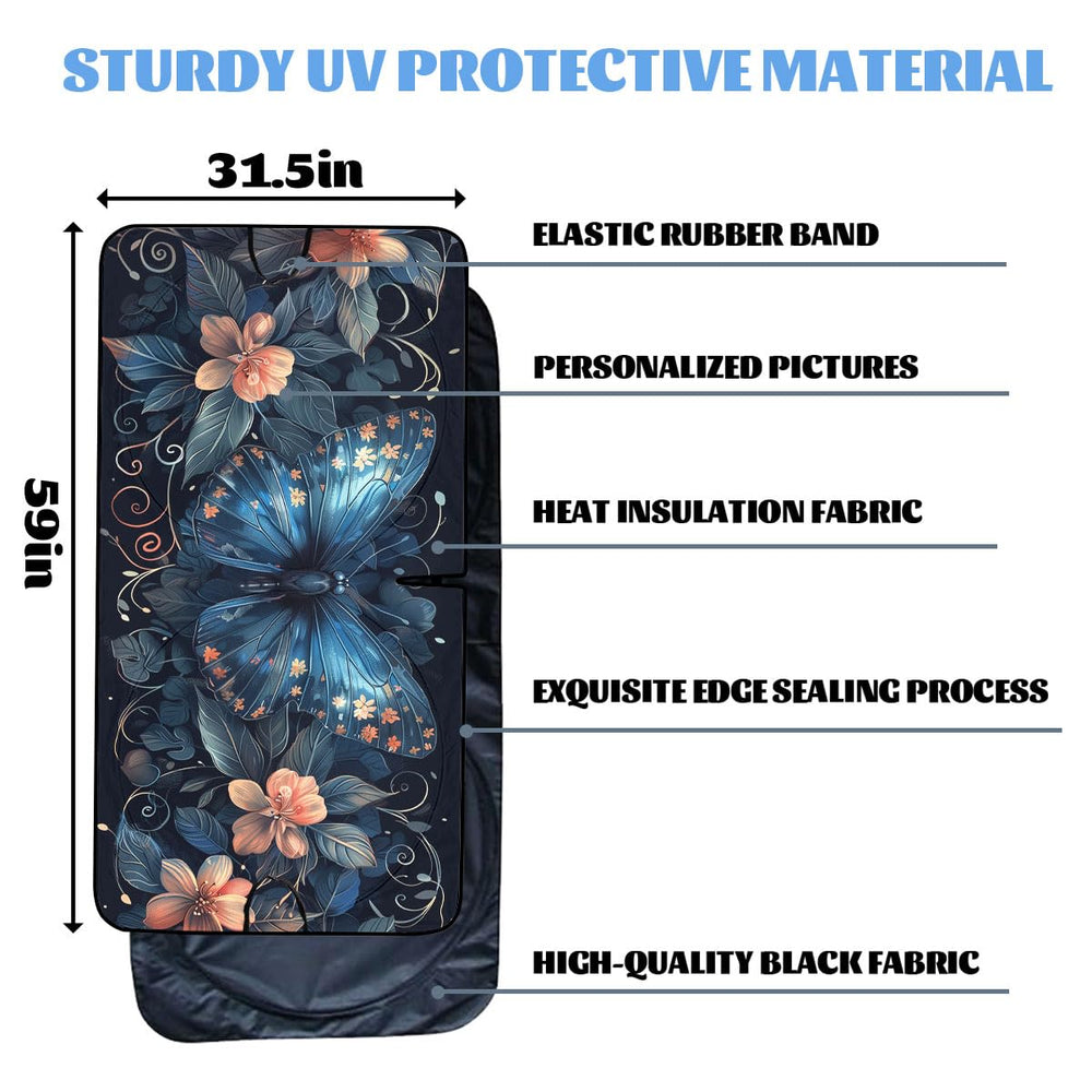 Qoueucc sunshade beside ruler showing size 59x31.5 inches benefit fit clarity