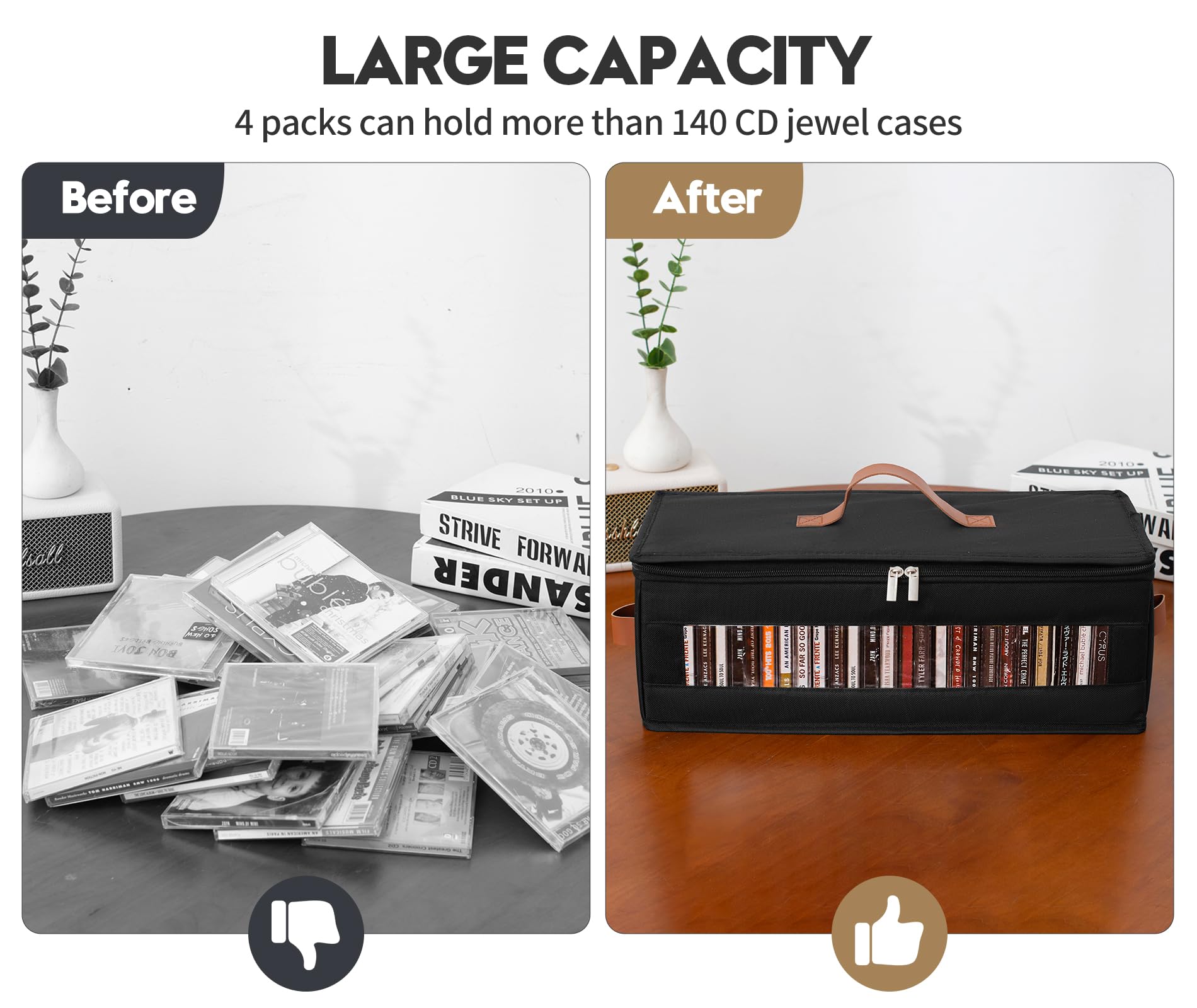 Qozary filled box demonstrating capacity with CDs for efficient media storage
