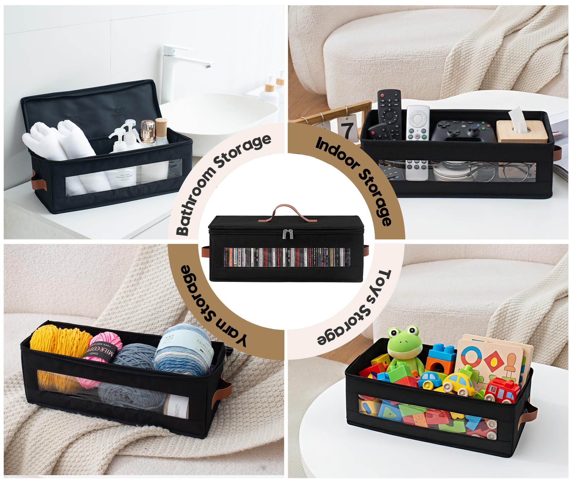 Qozary on a media shelf in a living room creating a tidy, cohesive storage solution