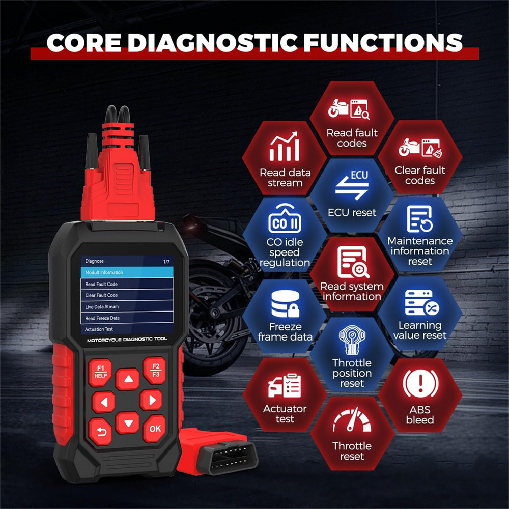 QPKING M4 connected to Harley 4P/6P port enabling full-system diagnostics