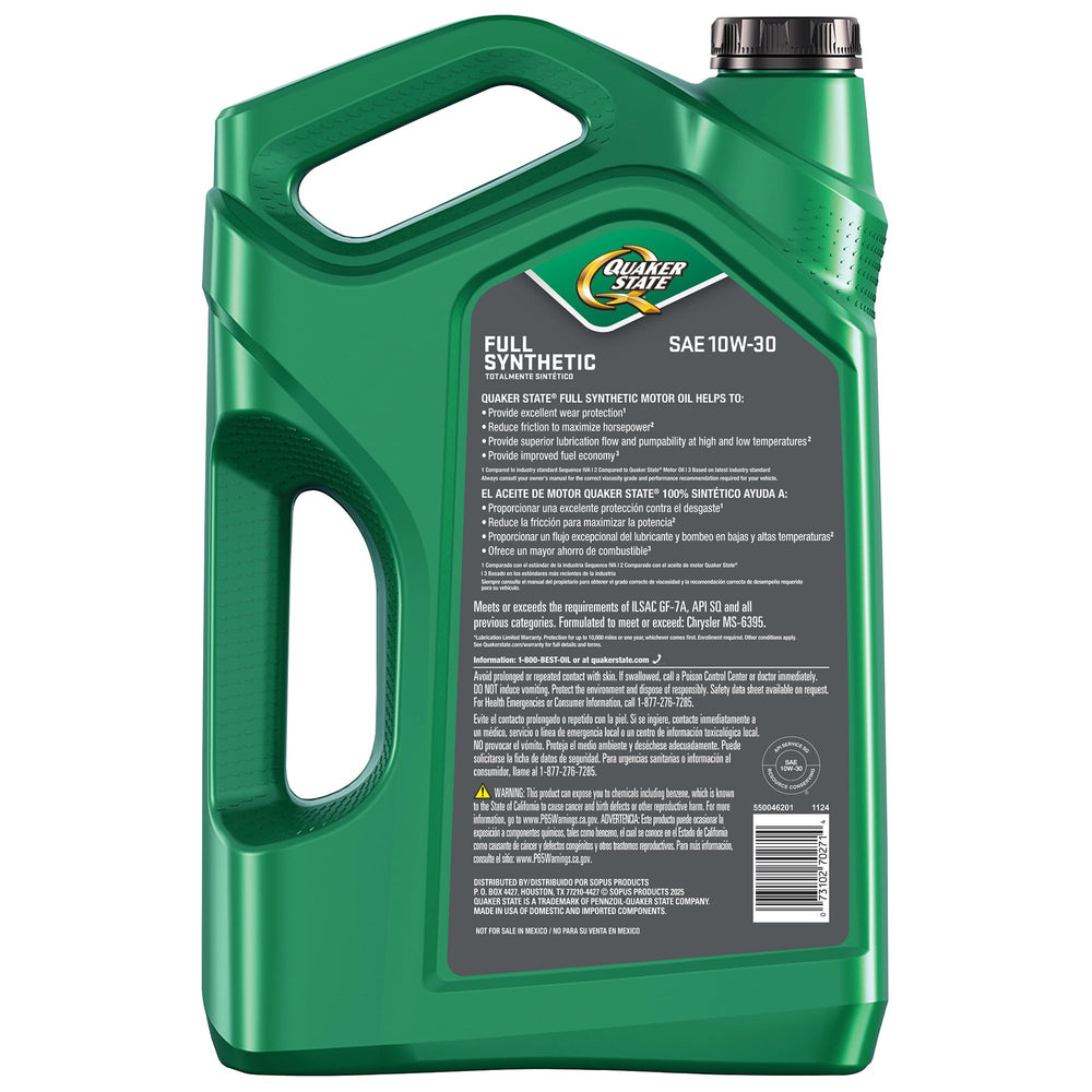 Quaker State 5 quart jug with side handle for easy pouring and storage