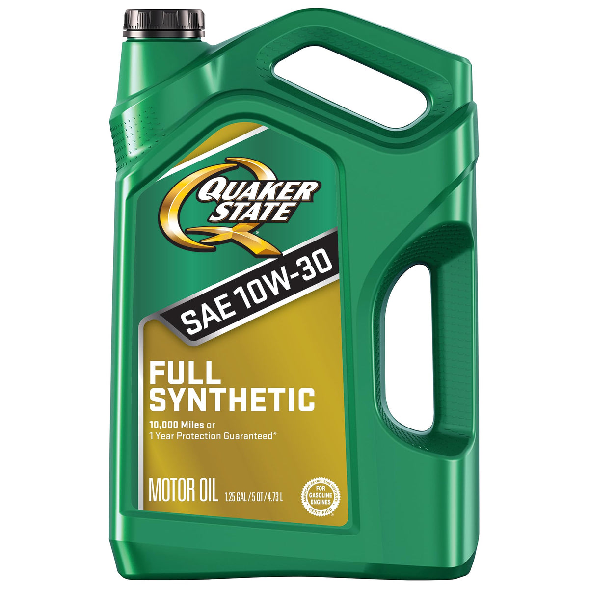Quaker State full synthetic 10W-30 front label showing product benefits