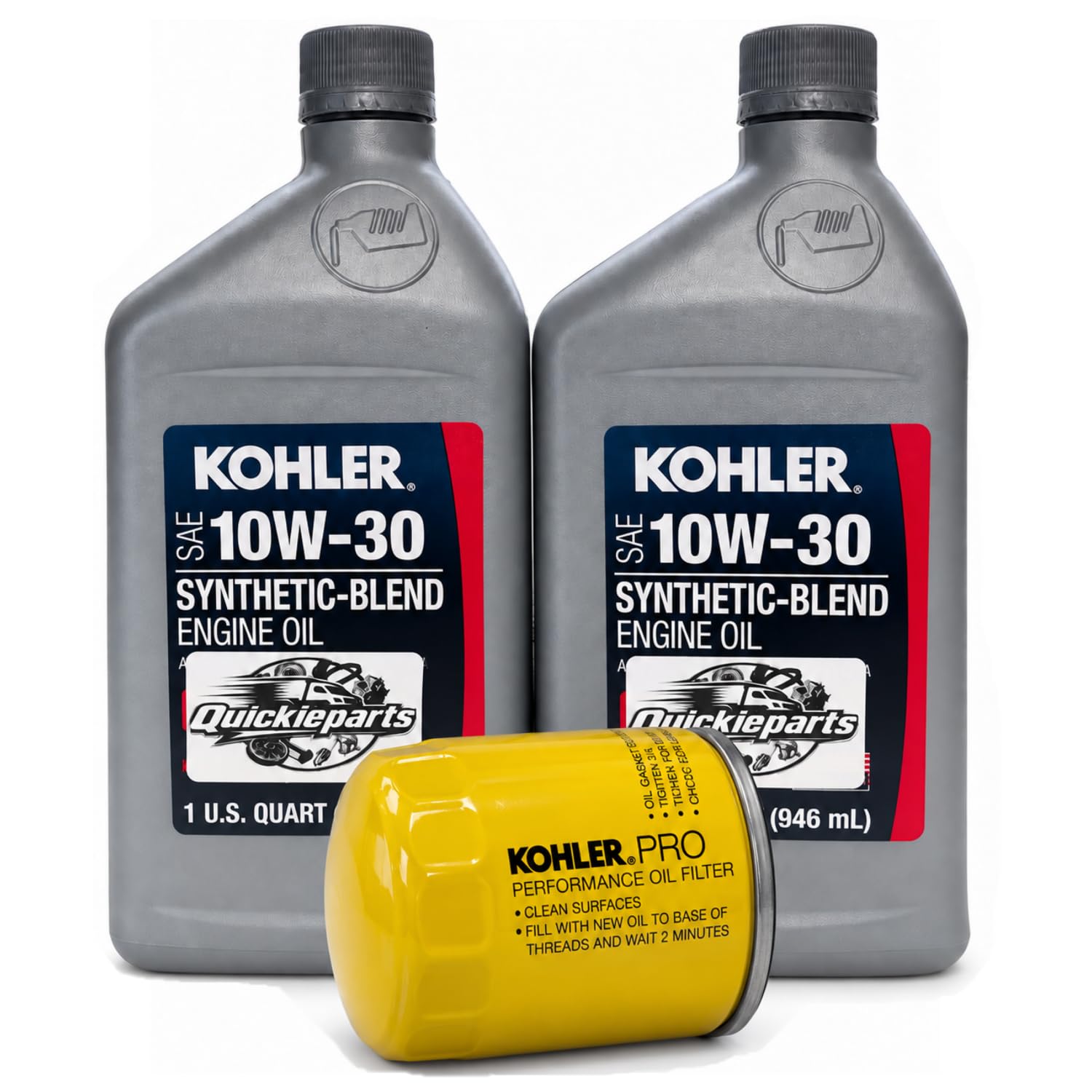 QUICKIEPARTS synthetic-blend 10W-30 pouring close-up showing smooth viscosity for reliable starts