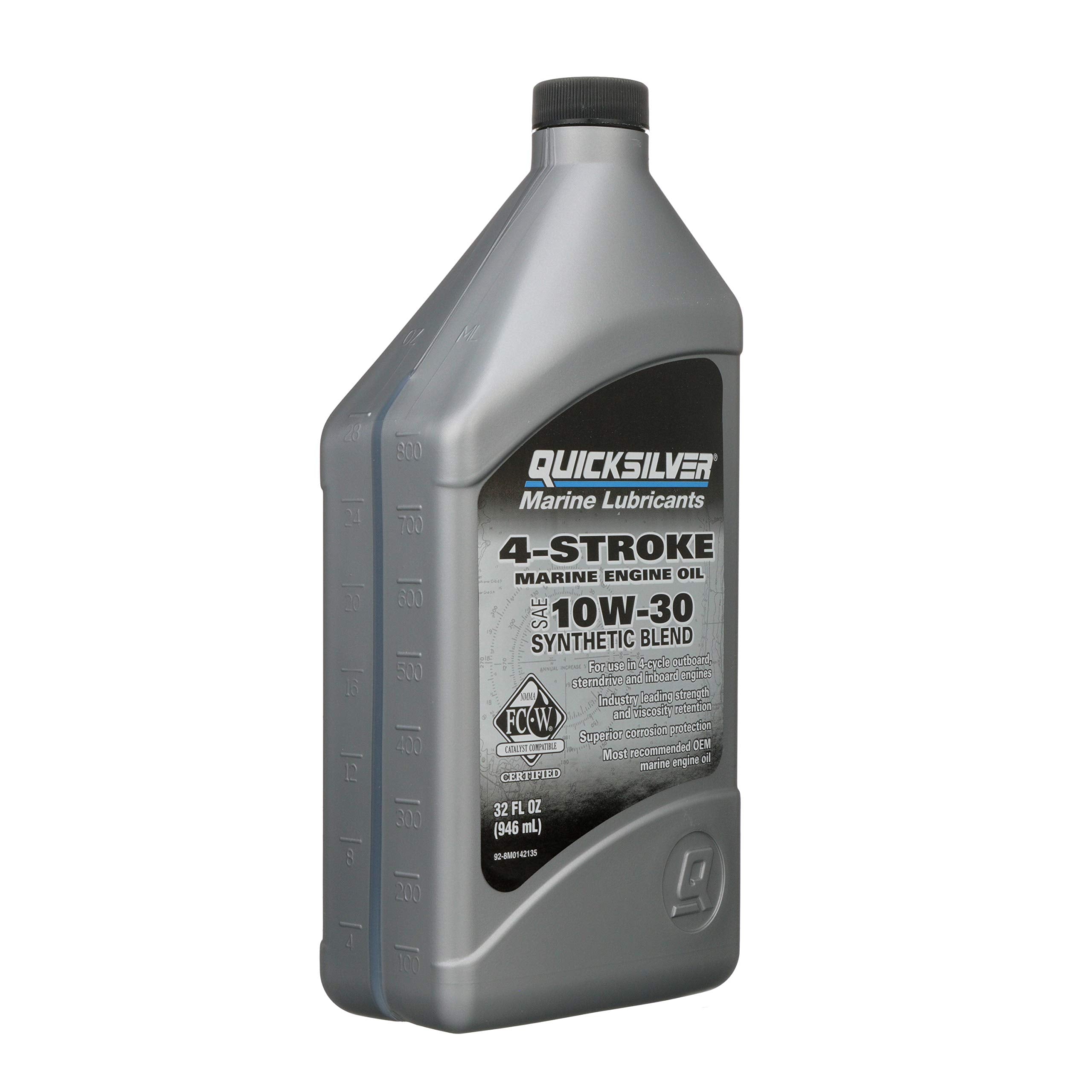 Quicksilver bottle near a boat engine emphasizing marine protection