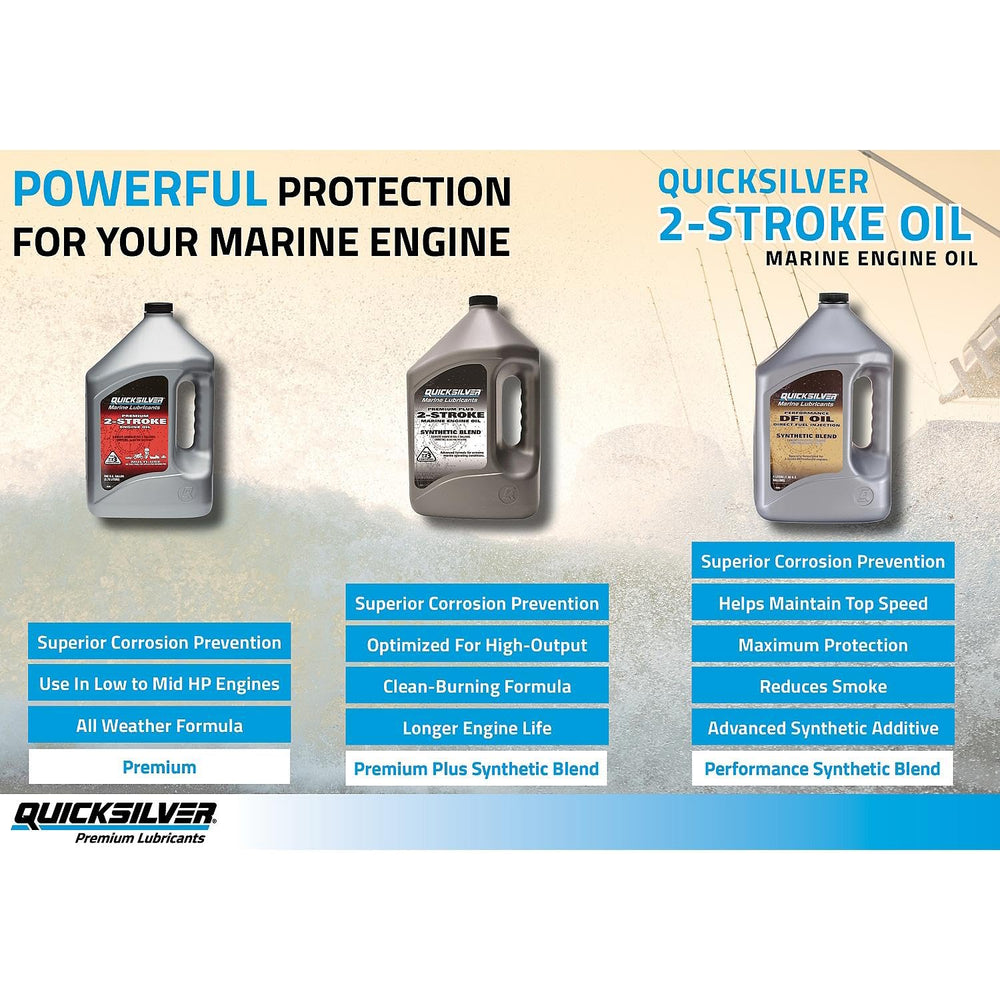 Quicksilver bottle next to an outboard engine being topped up to protect moving parts
