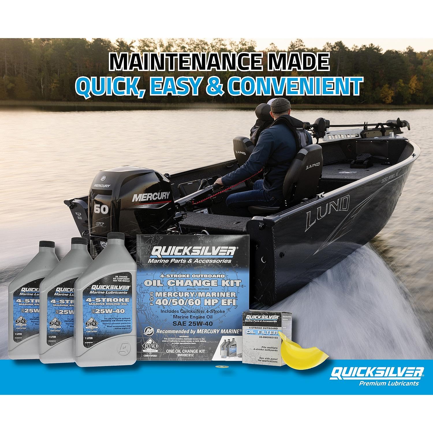Quicksilver 25W-40 oil bottles closeup showing label and shelf-stable marine formula benefit