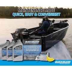 Quicksilver 25W-40 oil bottles closeup showing label and shelf-stable marine formula benefit