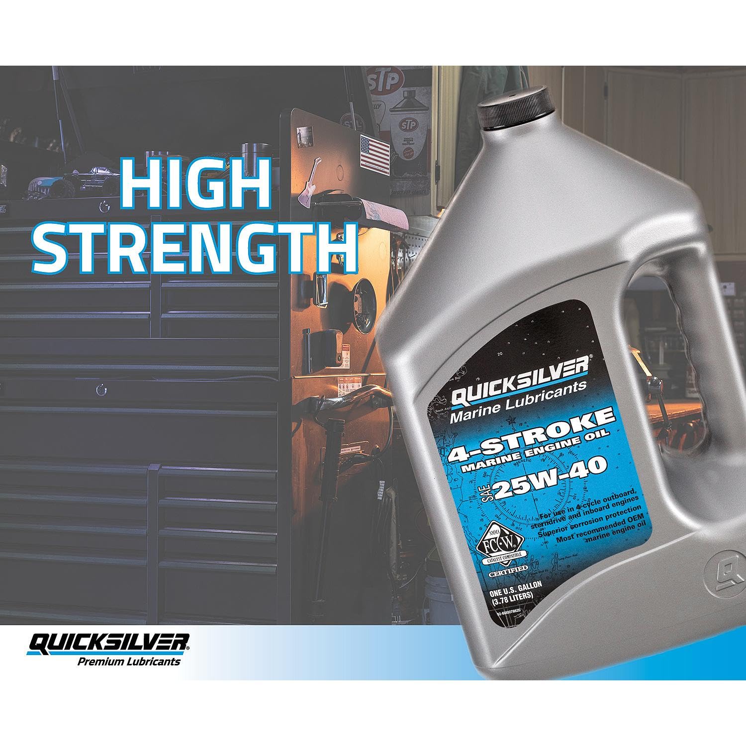 Quicksilver 25W-40 oil texture closeup showing stable viscosity