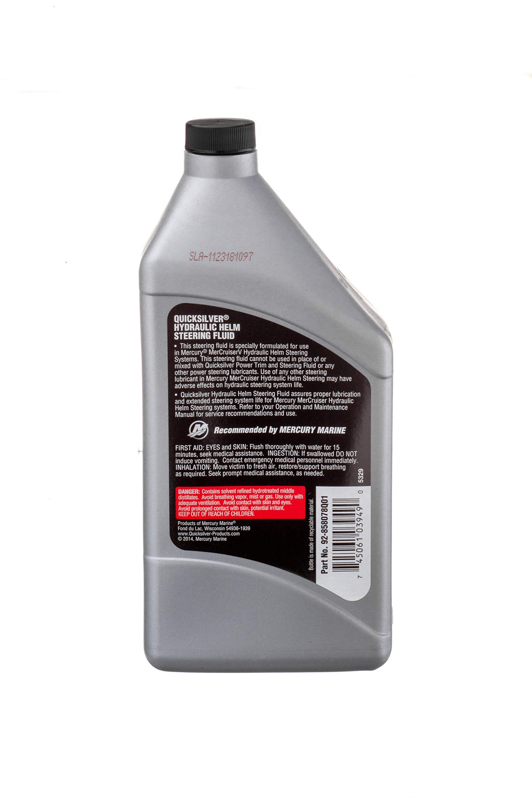 Quicksilver bottle beside boat helm illustrating reliable steering protection