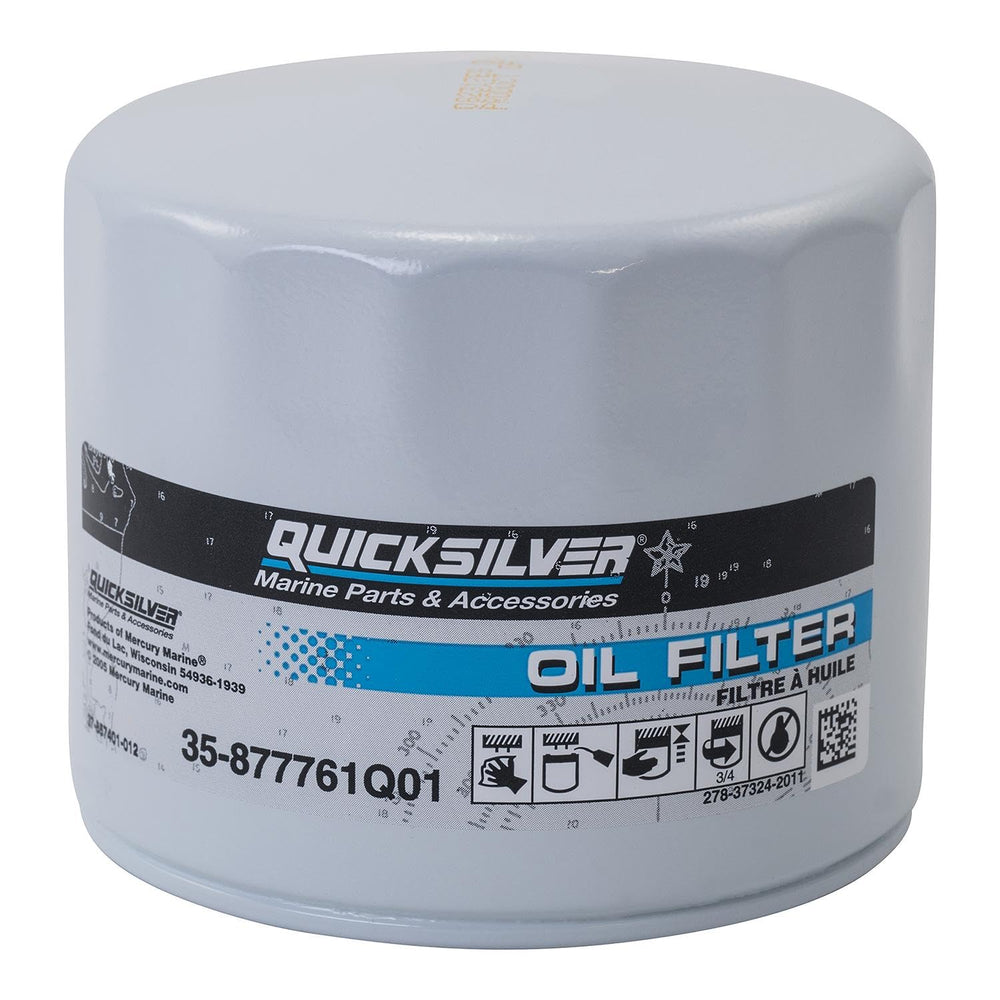 Quicksilver front view oil filter showing label and fitment benefit