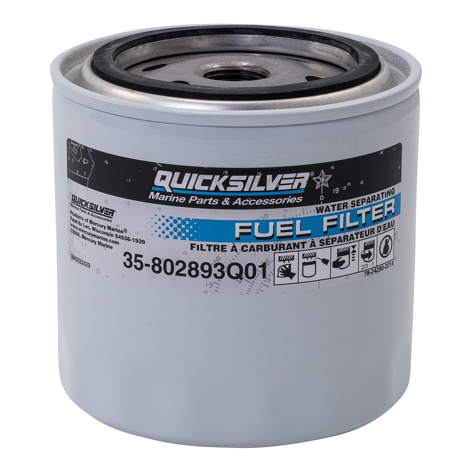 Quicksilver front view of 802893Q01 filter showing branding and fitment, protects fuel system