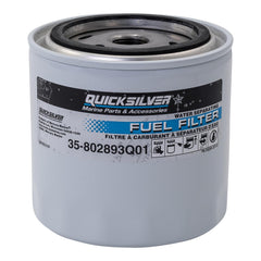 Quicksilver front view of 802893Q01 filter showing branding and fitment, protects fuel system
