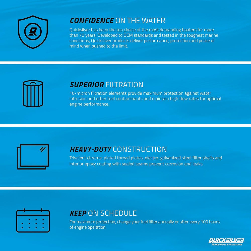 Quicksilver filter shown on boat deck before install, promotes reliable on-water performance