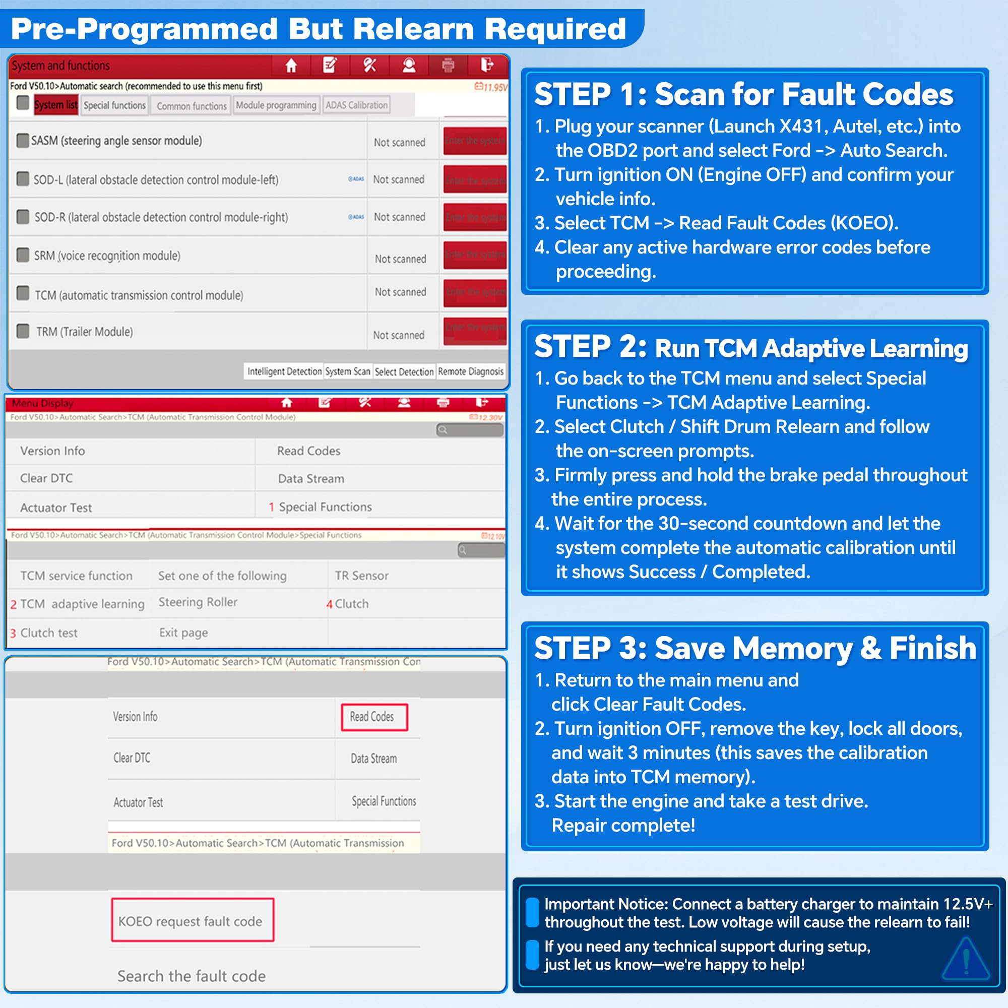 Quixofiber TCM being programmed with scan tool illustrating final adaptive learning step