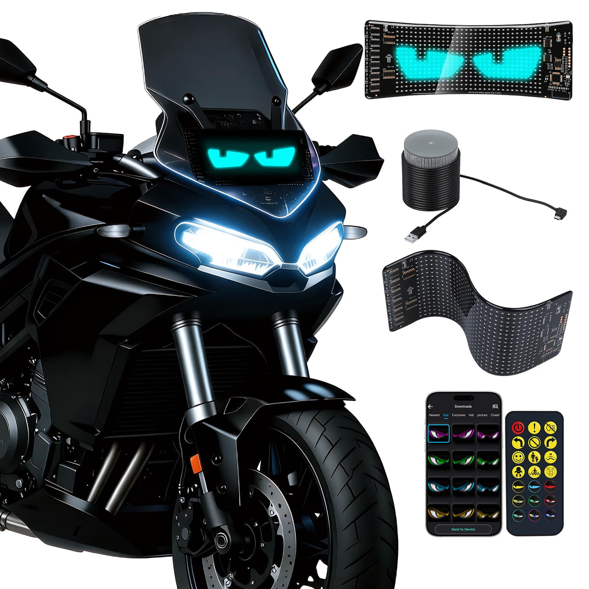 Quplavo front view on windshield showing bold animated eyes for visibility