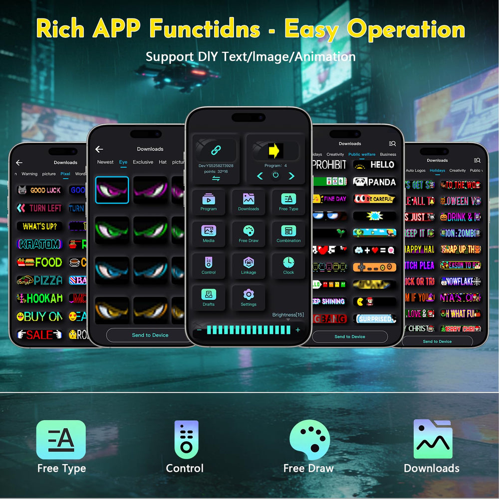 Quplavo remote and app control screen enabling quick pattern changes
