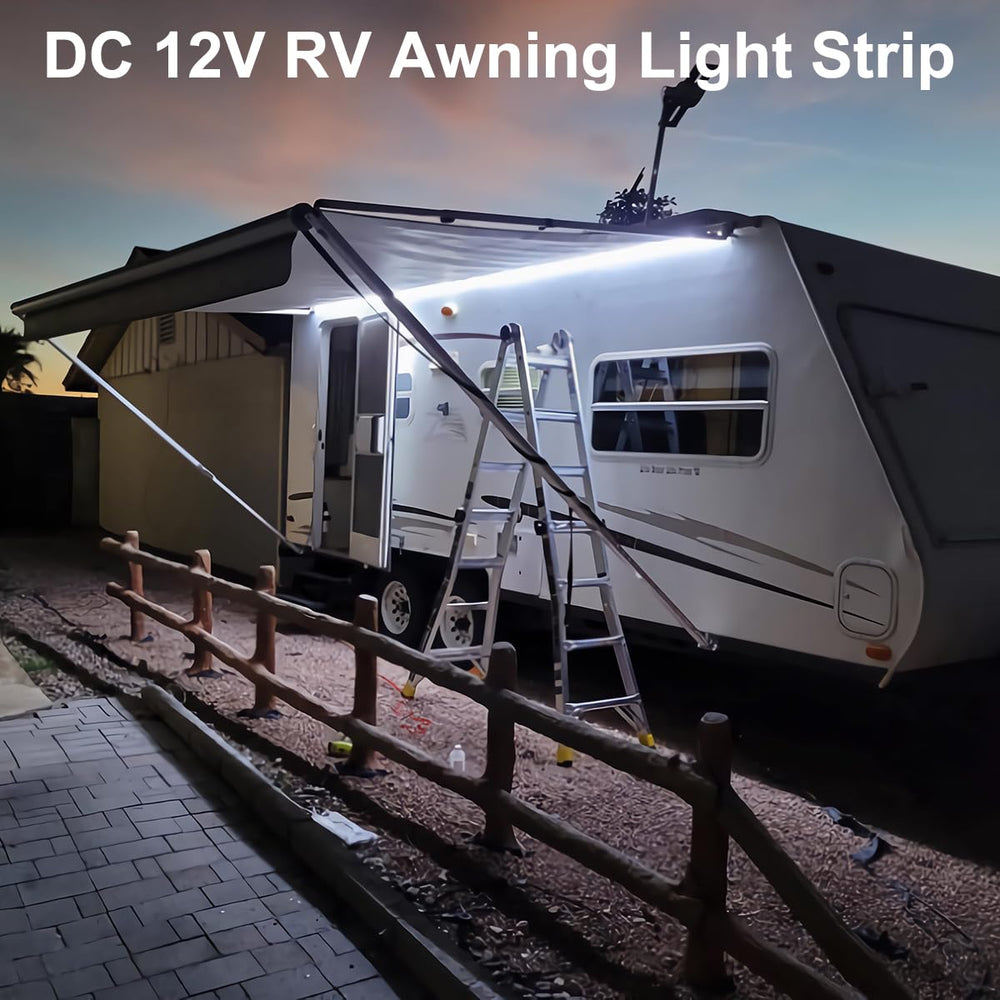 QVEVDACAR strip installed under an RV awning providing ambient outdoor light
