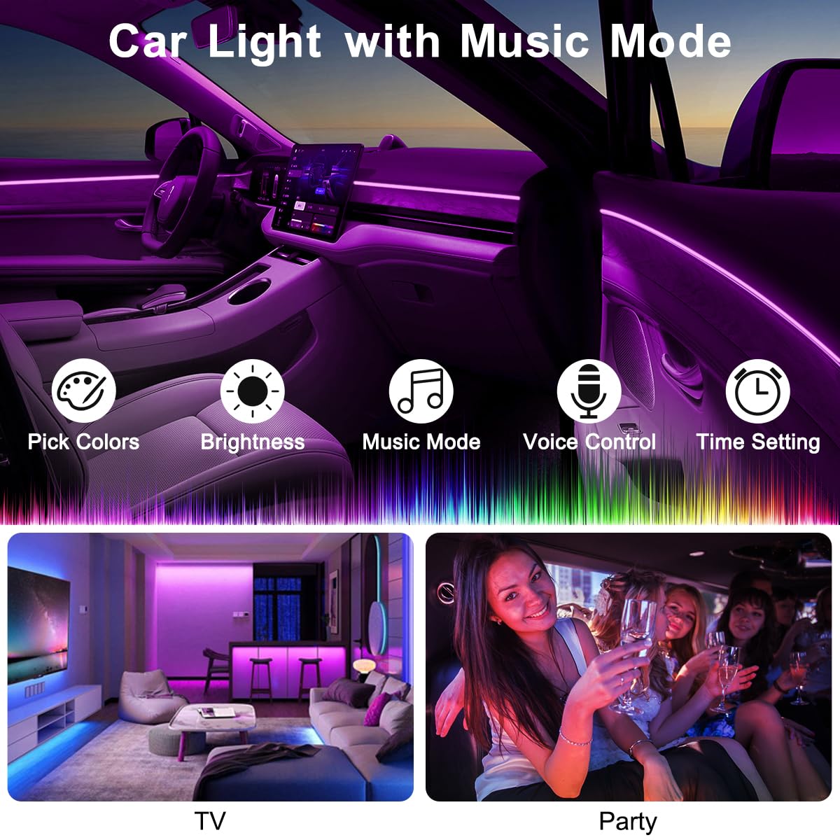 QVEVDACAR lights syncing to music for energetic cabin atmosphere