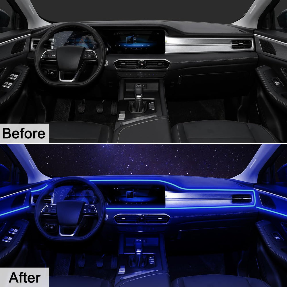 QVEVDACAR under-dash LED strips mounted and illuminating footwell