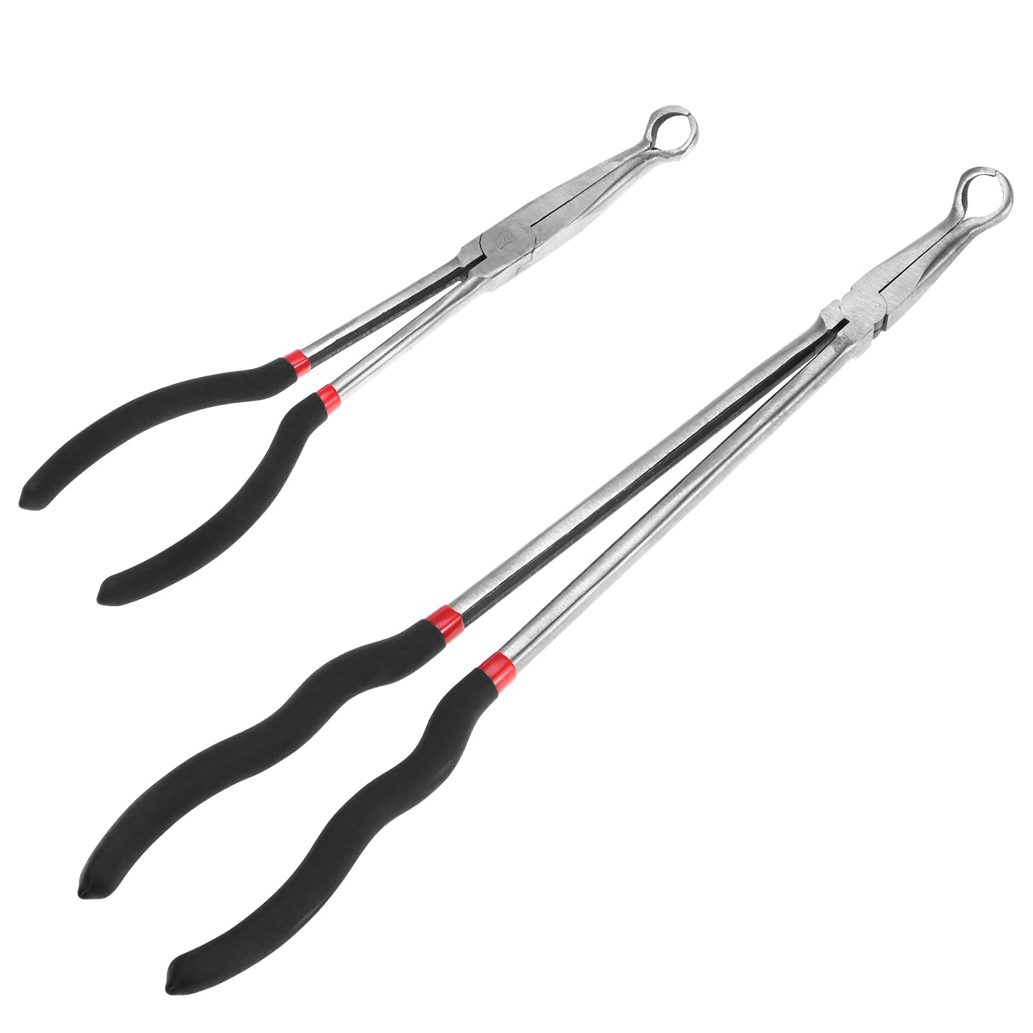 QWORK front view of pliers pair showing 5/8 inch opening and offset tip for safe removal