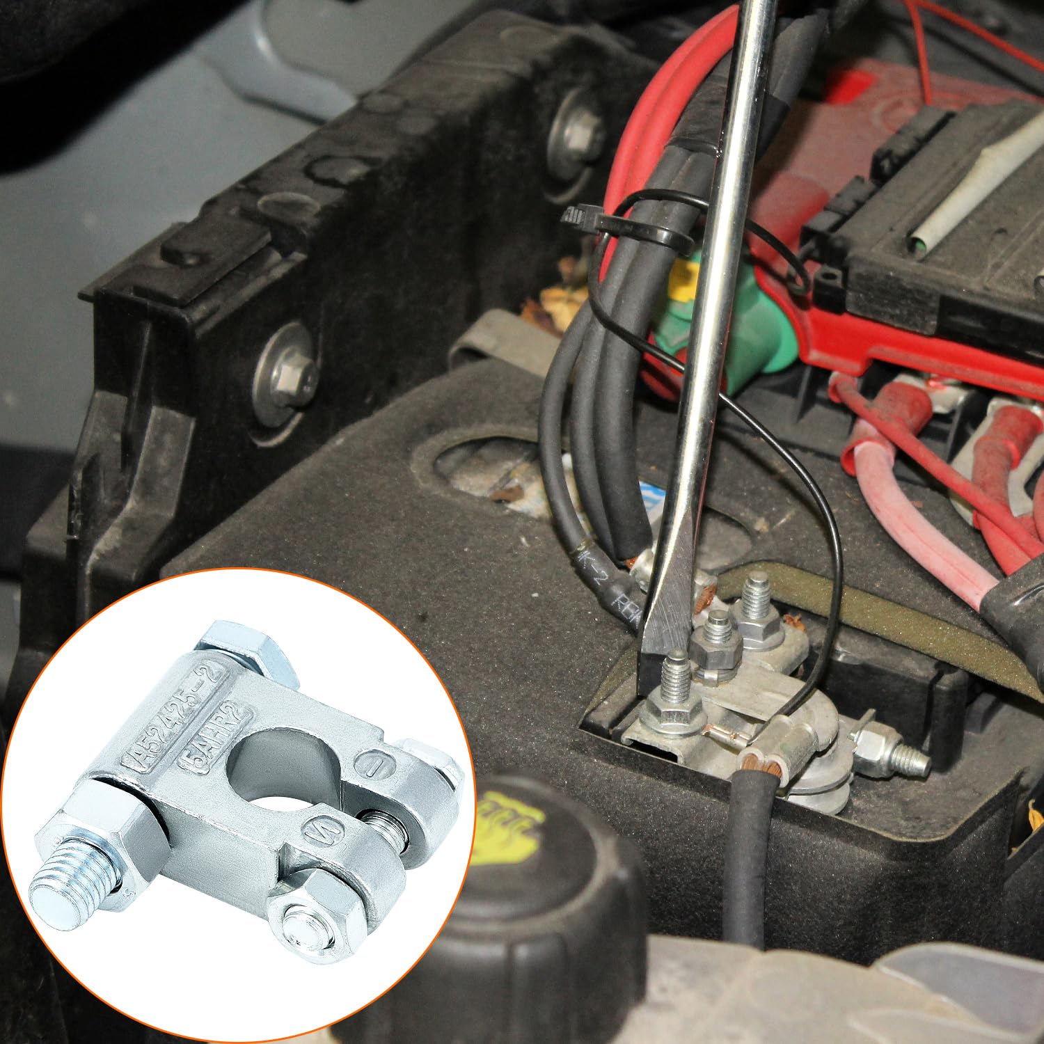 QWORK terminal installed on a car battery post showing improved electrical contact