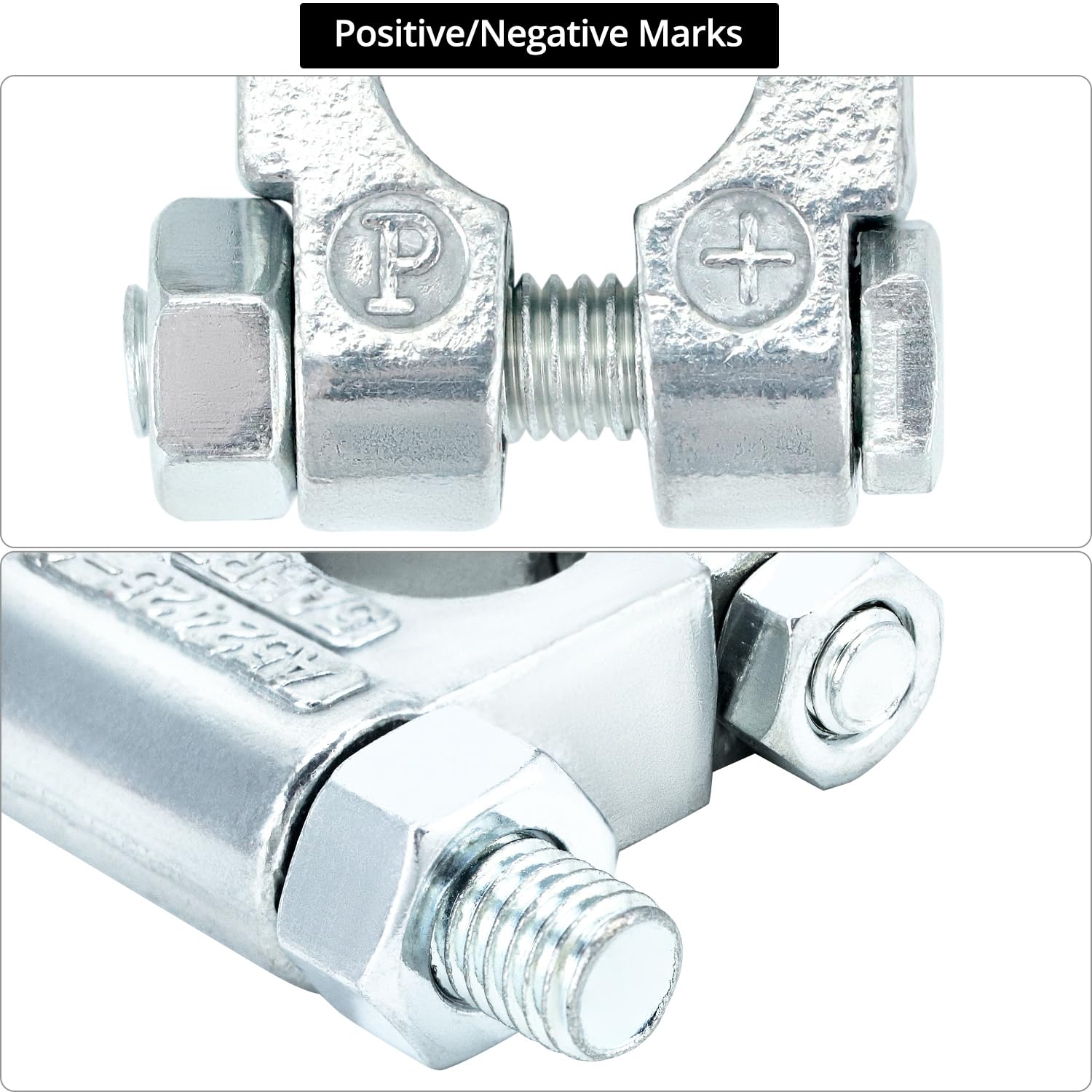QWORK negative terminal close-up showing 17mm taper to prevent polarity mistakes