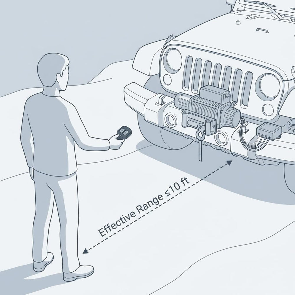 QWORK transmitter button detail highlighting tactile controls for safer winching