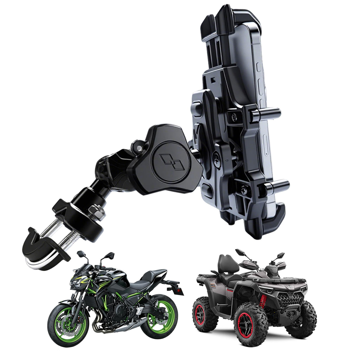 QYMOTO front view mounted on ATV showing secure phone positioning