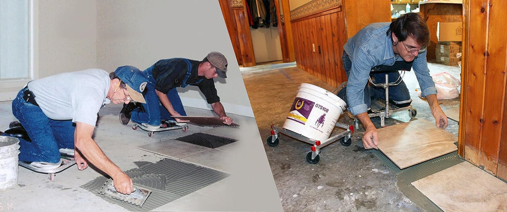 Racatac in use on flooring install illustrating stability and reduced strain