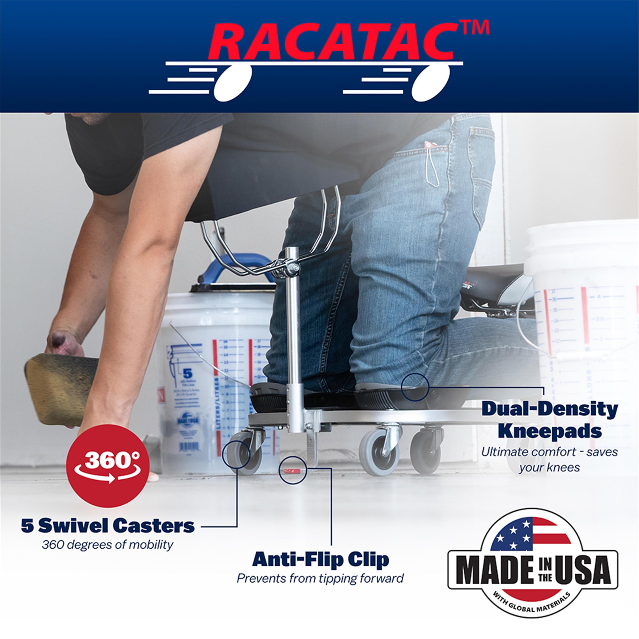 Racatac replaceable knee pad close-up showing cushion and easy swap feature