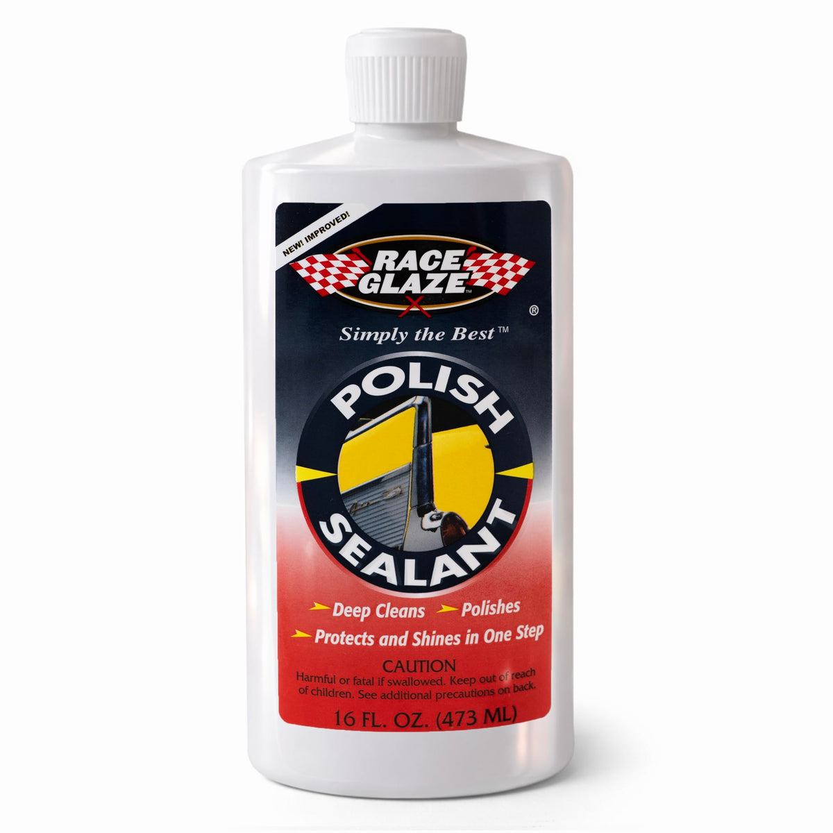 RACE GLAZE front label showing 16 oz bottle and benefits for easy identification
